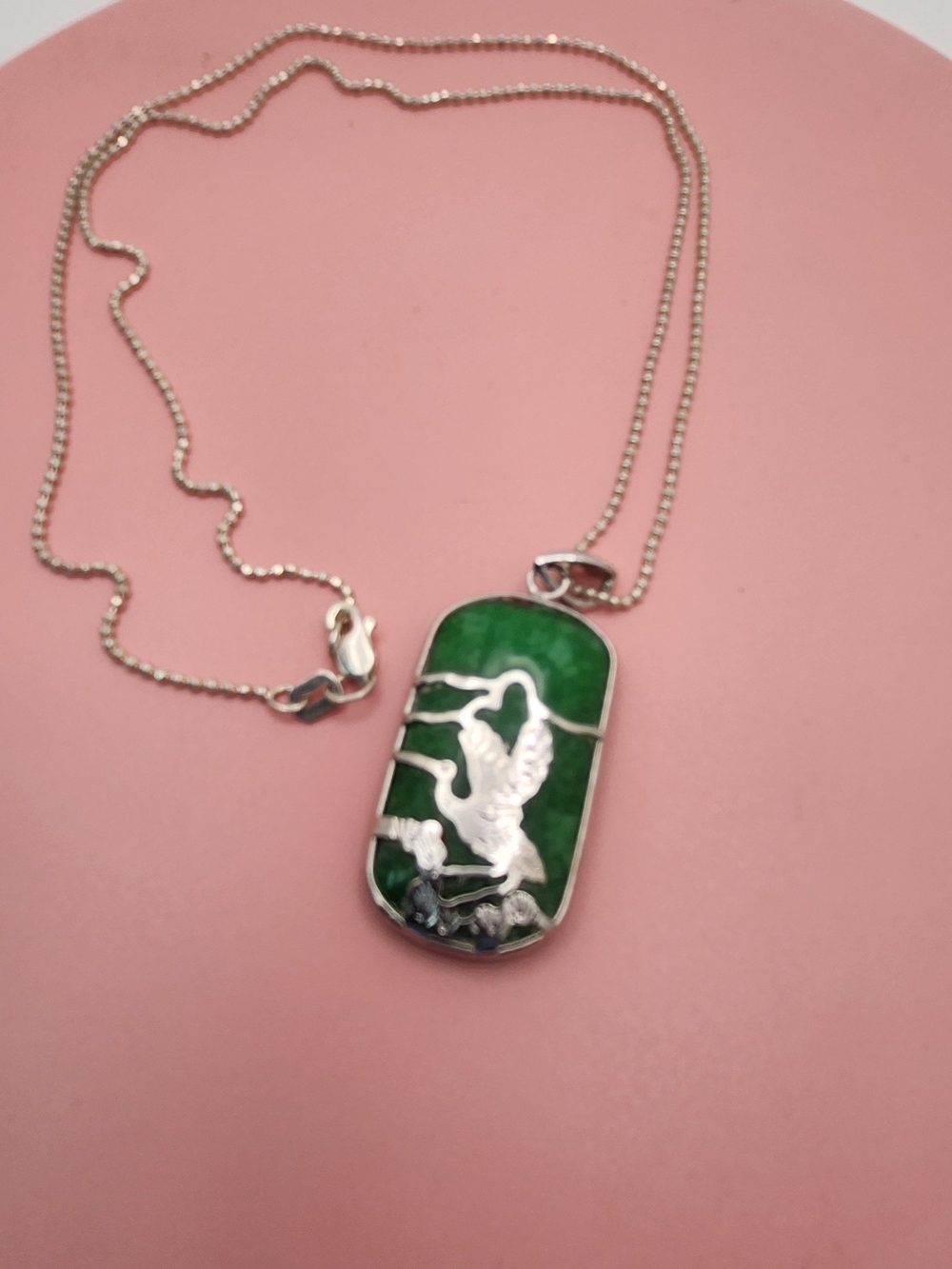 Green Jade Stone Crane Bird Pendant Necklace Silver 925 Weight 8.2g